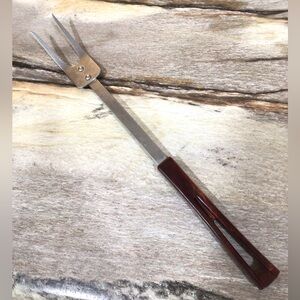 Vintage Stanhome Stainless Steel Meat Fork Brown Bakelite Handle 13”